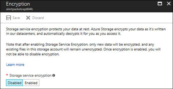 Screenshot of the Encryption page that allows you to enable storage service encryption in your Azure storage account.