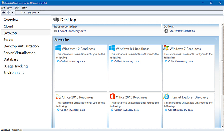 A screen shot shows the Desktop node is open. The details pane shows Windows 10 Readiness, Windows 8.1 Readiness, Windows 7 Readiness, Office 2010 Readiness, Office 2013 Readiness, and Internet Explorer Discovery.
