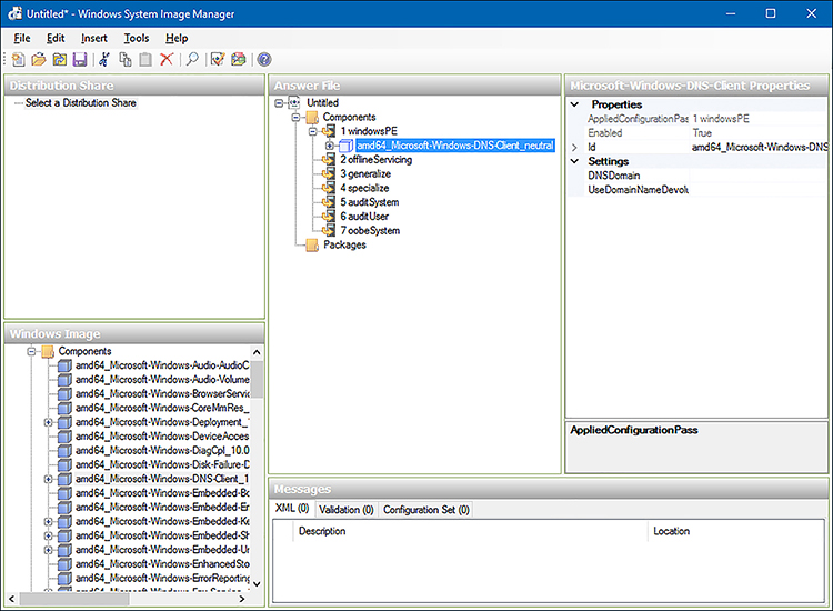 A screen shot shows the Windows System Image Manager showing the Windows image file for Windows 10 Pro. A new answer file is created, but no settings are yet configured.