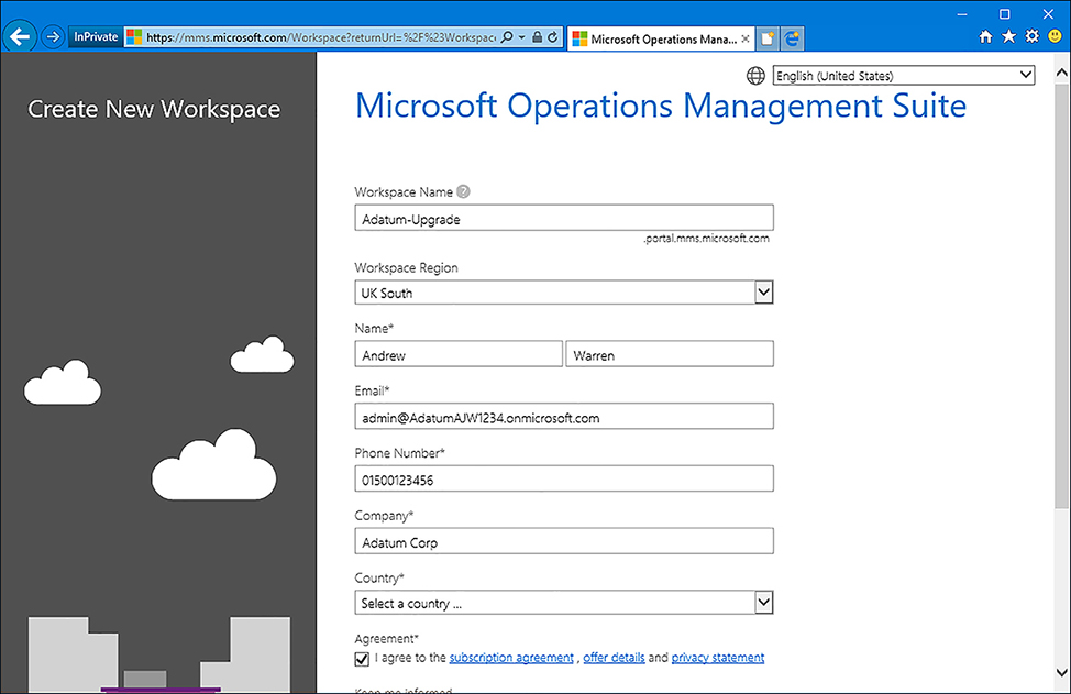 A screen shot shows the Microsoft Operations Management Suite webpage in Internet Explorer. The administrator is entering required information for a trial subscription.