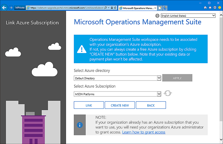 A screen shot shows the Link Azure Subscription page of the Microsoft Operations Management Suite.