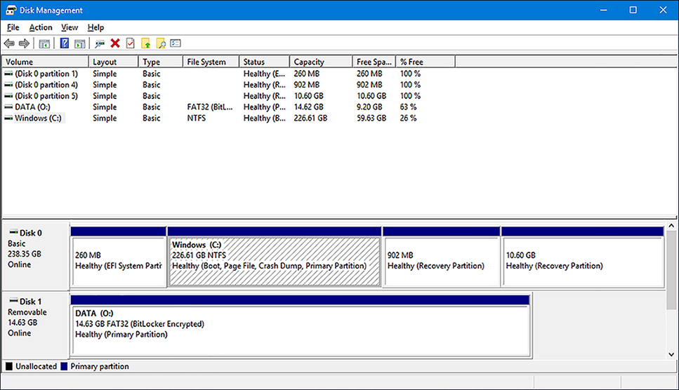 A screen shot shows the Disk Management tool. Two disks are shown: Disk 0 and Disk 1.