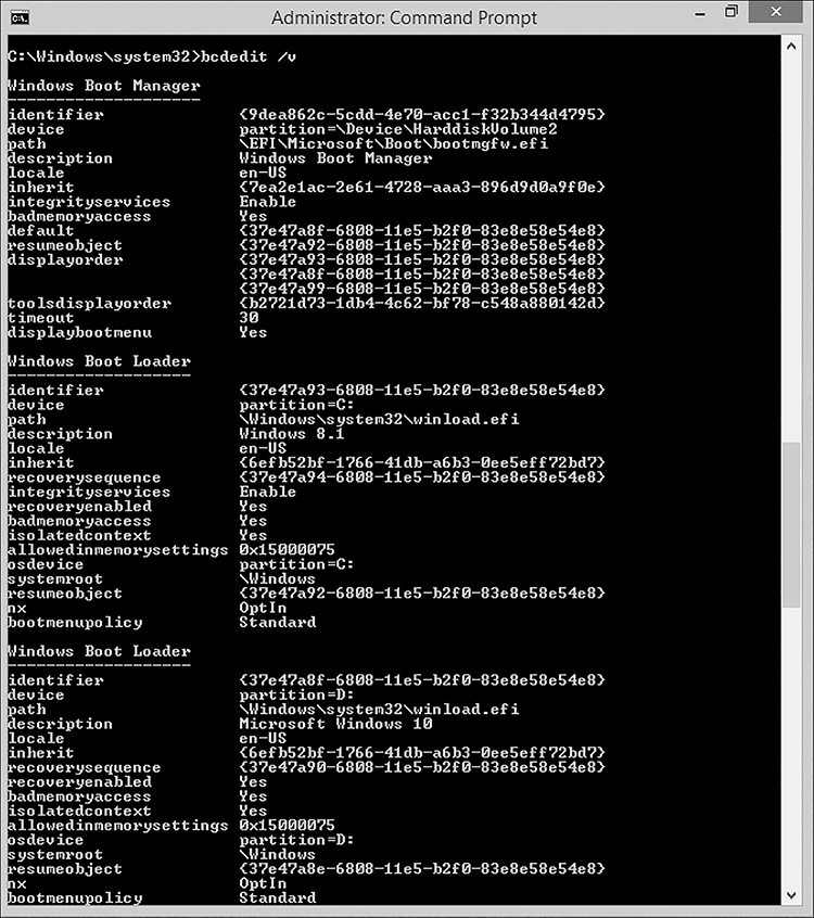 A screen shot shows the output from the BCDEDIT /v command.