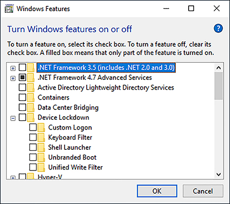 A screen shot shows the Windows Features dialog box.