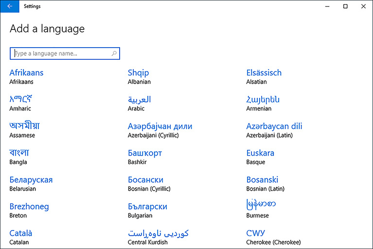 A screen shot shows the Add a language page in Settings.