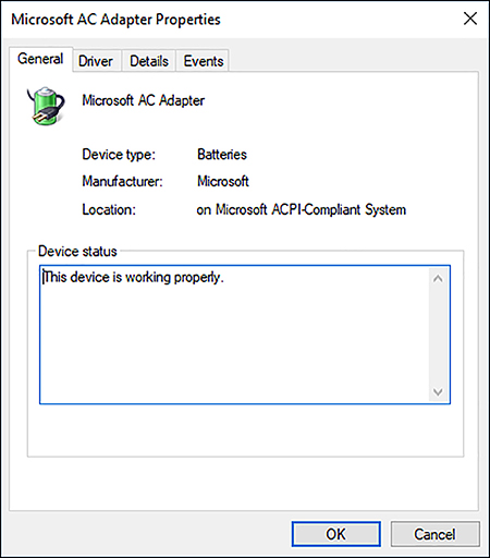 A screen shot shows the Microsoft AC Adapter Properties dialog box.