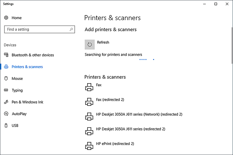 A screen shot shows the Printers & scanners tab in the Devices app in Settings.