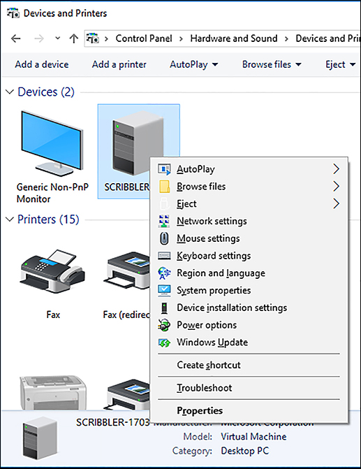 A screen shot shows the context menu for a computer device.