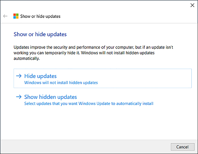 A screen shot shows the Show or Hide updates dialog box. Hide Updates is selected.