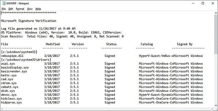 A screen shot shows the output for the sigverif.exe tool.