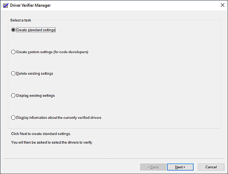 A screen shot shows the Driver Verifier Manager dialog box. The selected option is Create standard settings.