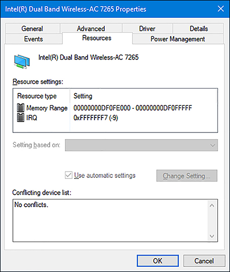 A screen shot shows the Resources tab of the Intel(R) Dual Band Wireless-AC 7265 Properties dialog box. The Use automatic settings option is selected and non-configurable.