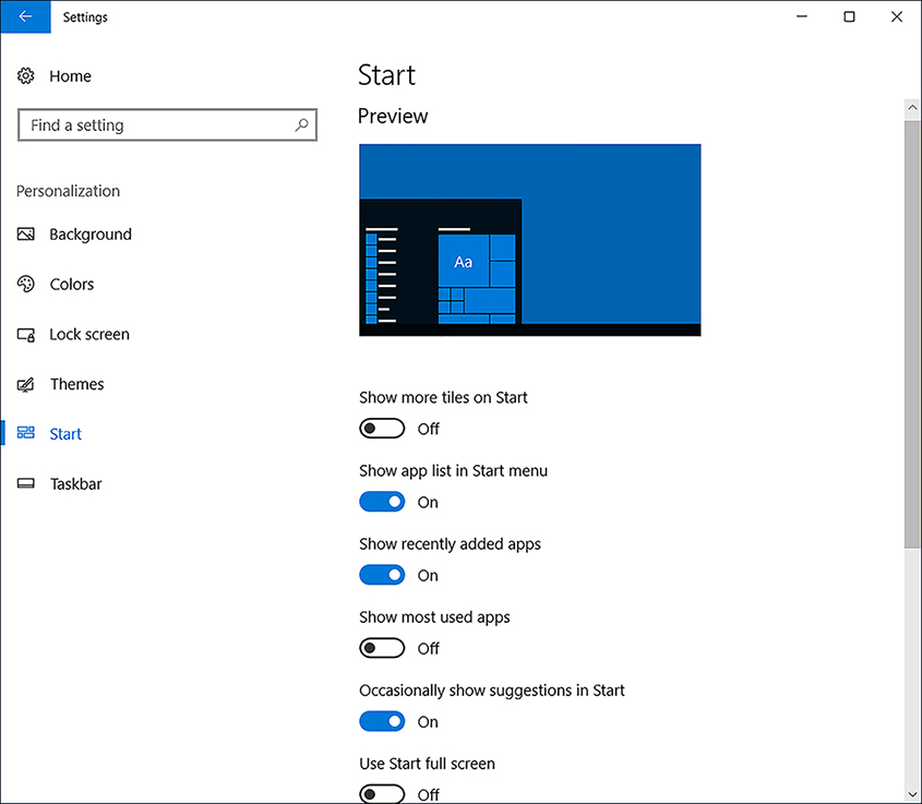 A screenshot shows the Start tab in the Personalization category within Settings. Currently enabled are Show App list in Start menu, Show Recently Added Apps, and Occasionally Show Suggestions In Start.
