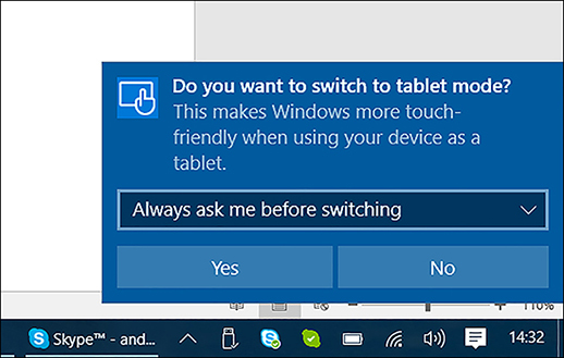 A screenshot shows a Windows 10 prompt to switch to Tablet mode when the device is reoriented as a tablet. Do You Want To Switch To Tablet Mode is configured as Always Ask Me Before Switching.