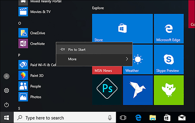 A screen shot shows the Start menu. The OneNote app has been selected, and the context menu displays two options: Pin to Start and More.
