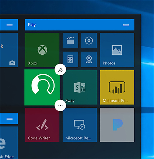 A screenshot shows the Network Speed Test Microsoft Store app on Start. The user has used touch and hold to activate the tile control. A pin icon is shown as well as an ellipse button.