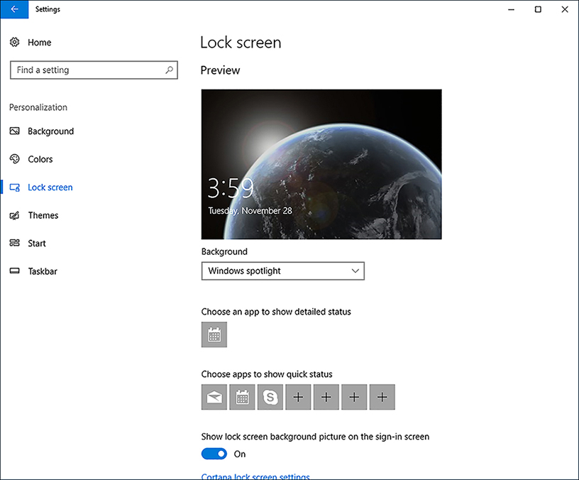 A screenshot shows the Lock Screen tab in the Personalization settings app. Choose An App To Show Detailed Status is configured to Calendar. Choose Apps To Show Quick Status is configured for Mail, Calendar, and Skype. The Show Lock Screen Background Picture On The Sign-In Screen setting is enabled. The current lock screen background is a picture of the earth from space.