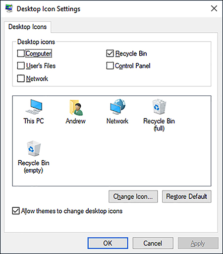 A screenshot shows the Desktop Icon Settings dialog box. The options are not selected. Shown are options for Computer, User’s Files, Network, Recycle Bin, and Control Panel. Only Recycle Bin is selected.