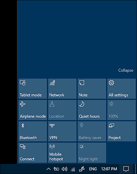 A screenshot shows Windows 10 Action Center. It shows the expanded Quick Actions buttons view, with tiles for Tablet Mode, Network, Note, All Settings, Airplane mode, Quiet Hours, Battery Saver, VPN, Bluetooth, and others. Also visible is the system tray on the taskbar, with icons for Battery, Wi-Fi, Volume, Time, and others.