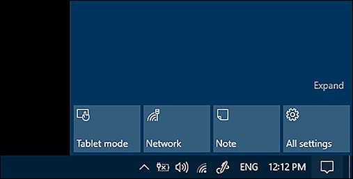 A screenshot shows Windows 10 Action Center in collapsed view. It shows the Tablet Mode, Network, Note, and All Settings tiles.