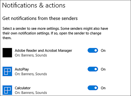 A screen shot shows the Get notifications from these senders list. Shown are Adobe Reader and Acrobat Manager, AutoPlay, and Calculator. All are On.
