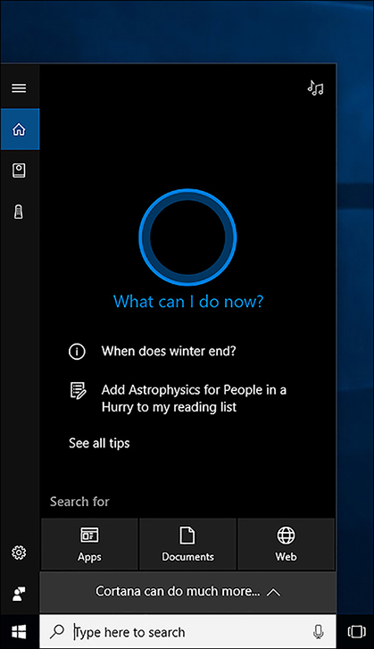 A screen shot shows the expanded view of Cortana on the taskbar. The cursor is in the Type here to search box.
