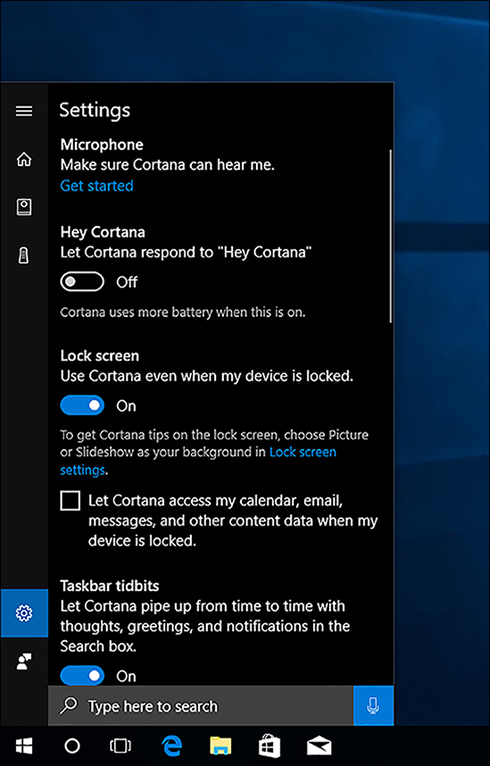 A screen shot shows the Cortana settings. Visible are the following options: Microphone, Hey Cortana, Lock screen, Let Cortana access my calendar, Email, Messages, and other content data when my device is locked, and Taskbar Tidbits.