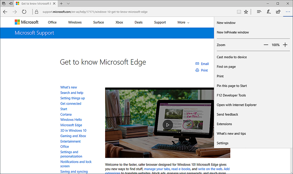 A screen shot shows Microsoft Edge. The More Actions menu shows on the right.