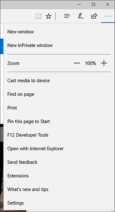 A screenshot shows the More Actions window in Microsoft Edge, showing the following options: New Window, New InPrivate Window, Zoom, Cast Media To Device, Find On Page, Print, Pin This Page To Start, Open With Internet Explorer, Send Feedback, Extensions, What’s new and tips, and Settings.
