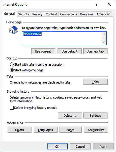 A screen shot that shows the Internet Options dialog box from Internet Explorer. The General tab is displayed, with additional tabs: Security, Privacy, Content, Connections, Programs, and Advanced. The General tab contains a Home page section, not configured, and a Start-up section configured for Start with tabs from the last session.