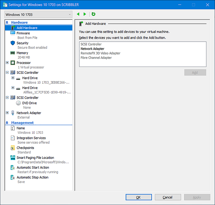 A screenshot shows the Settings dialog box for a previously configured virtual machine showing options, including Add Hardware, Firmware, Memory, Processor, SCSI Controllers, and Network Adapter.