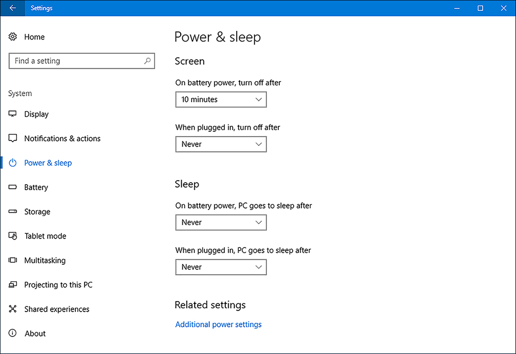 A screen shot shows the Power & Sleep tab. Under Screen, On Battery Power, Turn Off After is set to 10 minutes. When Plugged In, Turn Off After is set to Never. Under Sleep, On Battery Power, PC Goes To Sleep After is set to Never, as is When Plugged In, PC Goes To Sleep After.