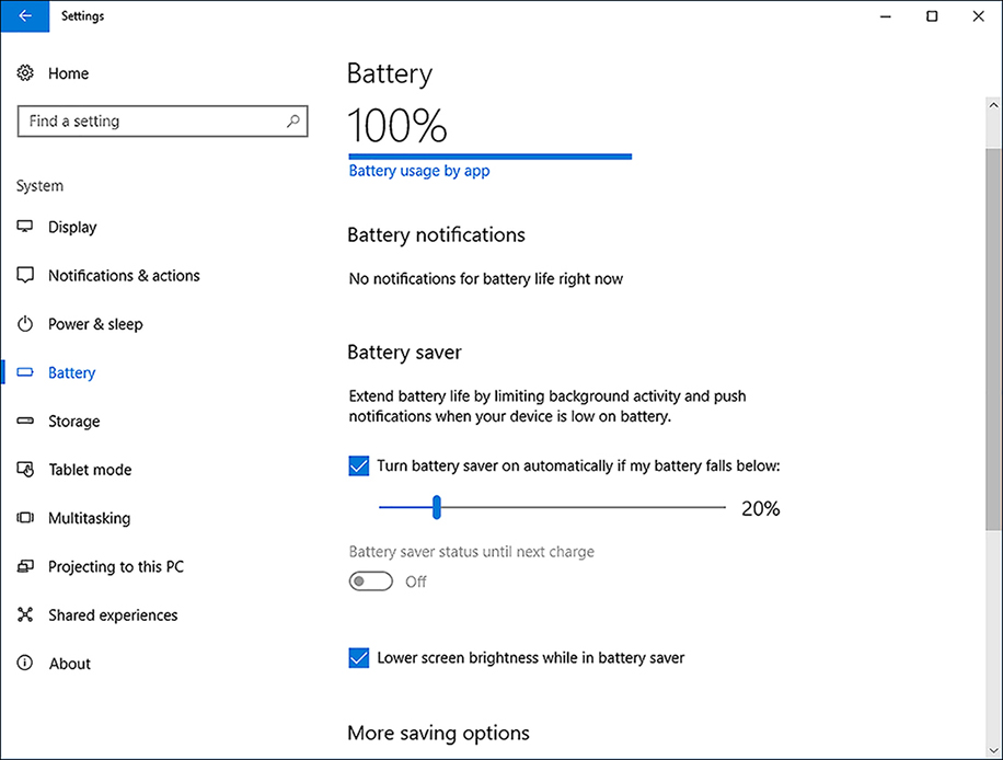 A screenshot shows the Battery tab. Battery level is shown is 100%. Battery Saver is currently set to On at 20%.