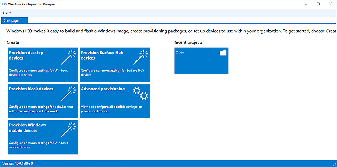 A screen shot shows the home page of Windows Configuration Designer. Displayed are tiles for: Provision desktop devices, Provision kiosk devices, Provision Windows mobile devices, Provision Surface Hub devices, and Advanced provisioning.