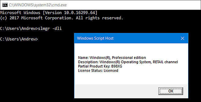 A screenshot shows an elevated command prompt and a Windows Script Host dialog box that displays the license status of the product. The command prompt displays the Slmgr -dli command.