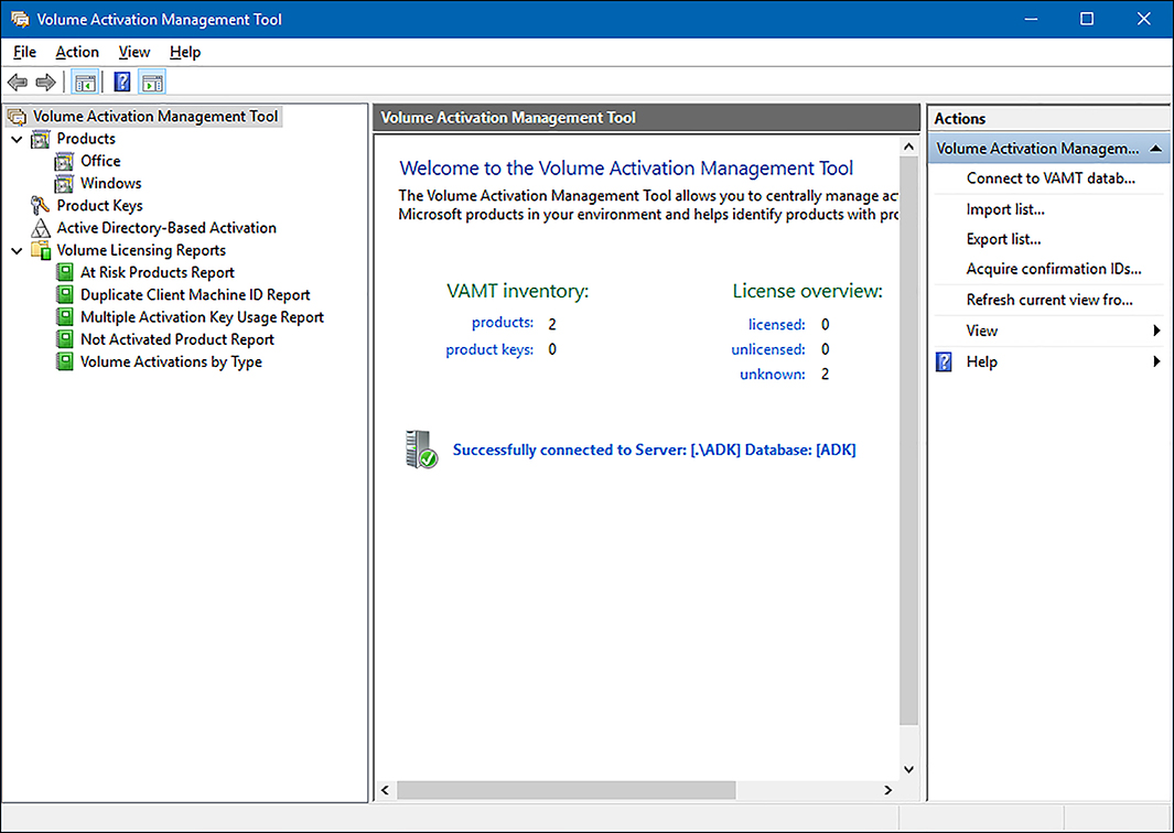 A screen shot shows the navigation pane on the left with the Volume Activation Management Tool node selected. The details pane displays the VAMT Inventory with two products discovered. The License Overview shows Unknown as 2. The console is successfully connected to Server: [.ADK] Database: [ADK].