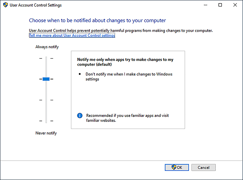 A screen shot shows the User Account Control Settings dialog box in Control Panel. The Notify slide is configured in its default state of Notify Me Only When Applications Try To Make Changes To My Computer.
