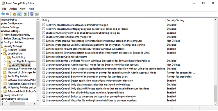 A screen shot shows the Local Group Policy Management Editor displaying the User Account Control settings GPOs. In the left pane, the Computer Configuration  Policies  Windows Settings  Security Settings  Local Policies  Security Options node is highlighted and, in the right pane, 10 UAC settings are available.