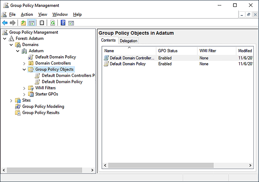 A screen shot shows the expanded Group Policy Objects node in the Group Policy Management console.