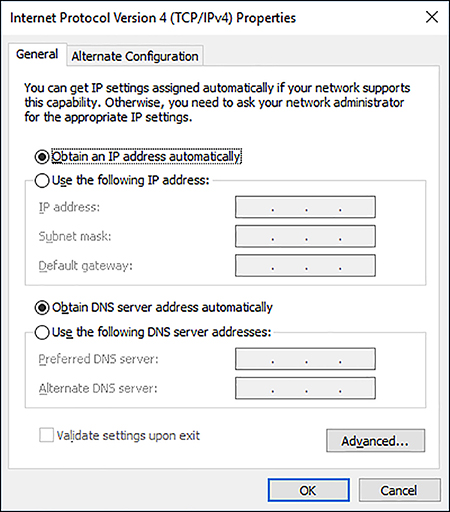 A screen shot shows the Internet Protocol Version 4 (TCP/IPv4) Properties dialog box displaying the following configuration options: Obtain An IP Address Automatically, Obtain DNS Server Address Automatically.