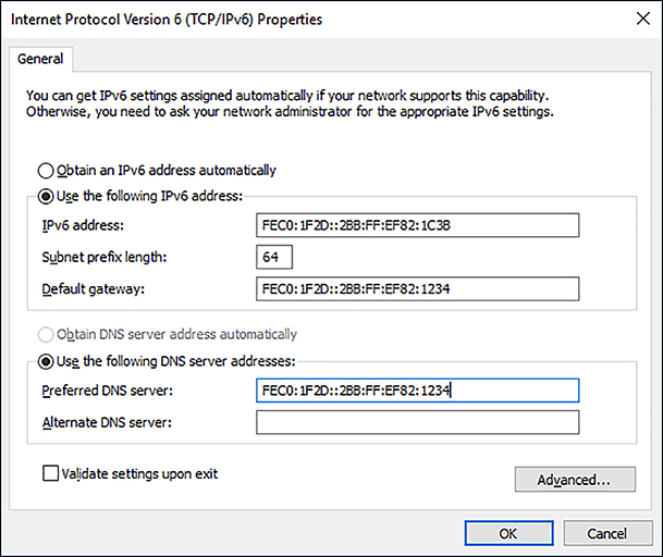 A screen shot shows the Internet Protocol Version 6 (TCP/IPv6) Properties dialog box. A unicast site-local address is configured with the FEC0 prefix.