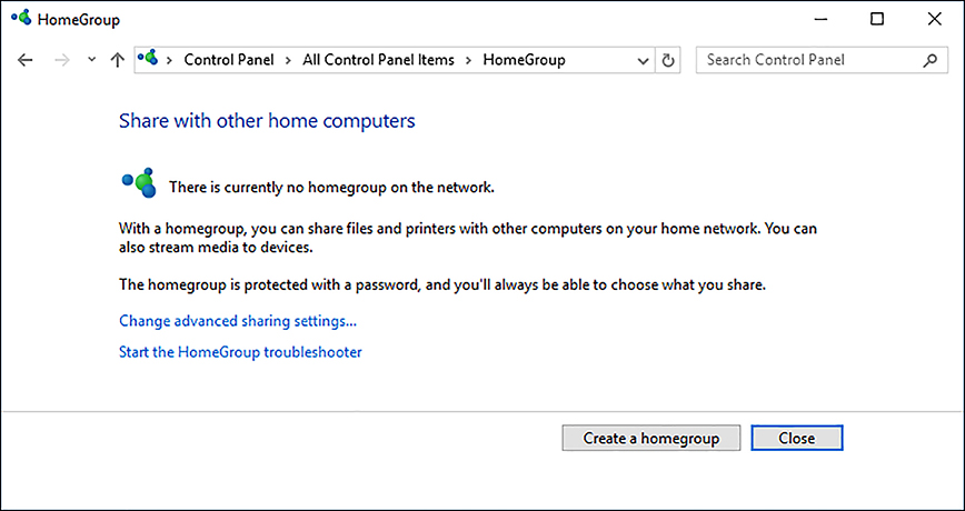 A screen shot shows the Share With Other Home Computers window. No HomeGroup is currently on the network, and options available are: Change Advanced Sharing Settings, Start The HomeGroup Troubleshooter, and Create A HomeGroup.