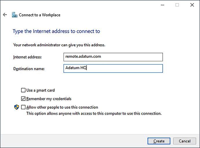 A screen shot shows the Type The Internet Address To Connect To page of the Connect To A Workplace Wizard. An Internet Address of remote.adatum.com is configured, and a Destination Name of Adatum HQ is configured. Other options are Use A Smart Card, Remember My Credentials (enabled), and Allow Other People To Use This Connection.