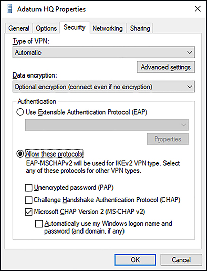 A screen shot shows the Security tab of the Adatum HQ Properties dialog box. Options shown are: Type Of VPN: Automatic; Data Encryption: Optional Encryption (Connect Even If No Encryption). Authentication option Microsoft CHAP Version 2 (MS-CHAP v2) is enabled.