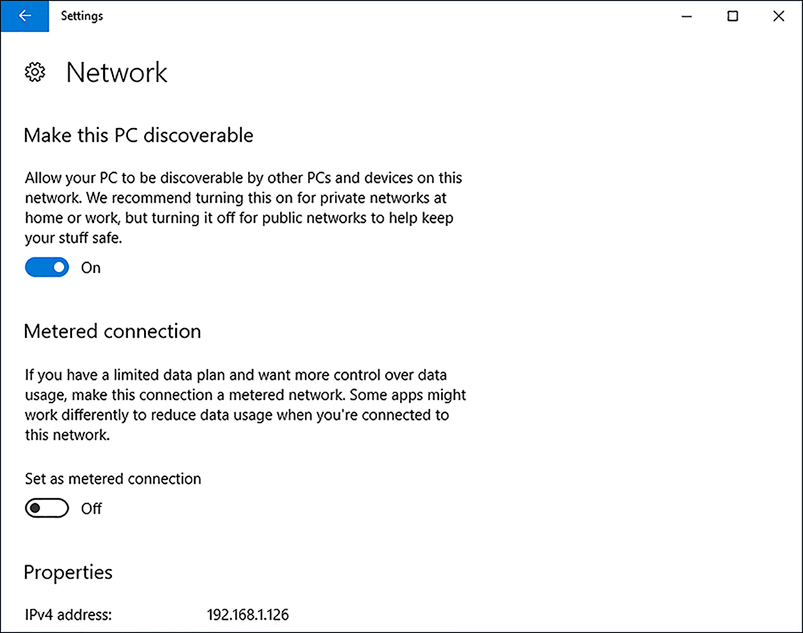 A screen shot shows the adapter settings of the Network & Internet settings app. Allow Your PC To Be Discoverable By Other PCs And Devices On This Network is On.