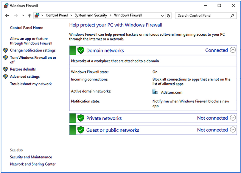 A screen shot shows the Windows Firewall window, displaying the expanded view for Domain Networks. Options on the left include: Allow An App Or Feature Through Windows Firewall, Change Notification Settings, Turn Windows Firewall On Or Off, Restore Defaults, Advanced Settings, and Troubleshoot My Network. Also shown are Security And Maintenance and Network And Sharing Center.