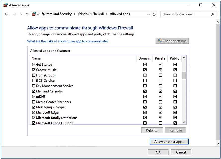 A screen shot shows the Allowed Apps window in Windows Firewall. Shown is a list of apps, with check boxes for each of the three network location profiles: Domain, Private, and Public.
