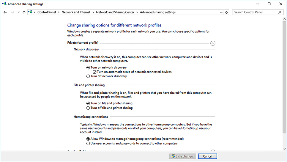 A screen shot shows the Advanced Sharing Settings window with the Change Sharing Options For Different Network Profiles heading expanded. Beneath this heading, Network Discovery is configured as follows: Private (Current Profile) is expanded, showing that Turn On Network Discovery is enabled, and Turn On Automatic Setup Of Network-Connected Devices is also enabled. File And Print Sharing is configured by enabling Turn On File And Print Sharing.