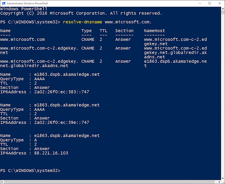 A screen shot shows the output returned from the Windows PowerShell cmdlet, resolve-dnsname www.microsoft.com. Results returned are three records, both of type CNAME and TTL of 2.