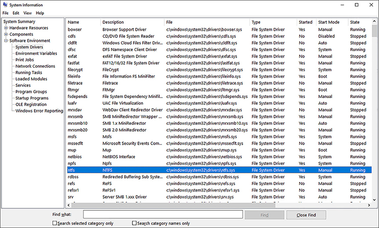 A screen shot shows the System Information tool. The screen shows a list of system components on the left side and a results pane on the right side. System Drivers is selected in the left pane, and the results show dozens of file system drivers, with the NTFS driver highlighted.